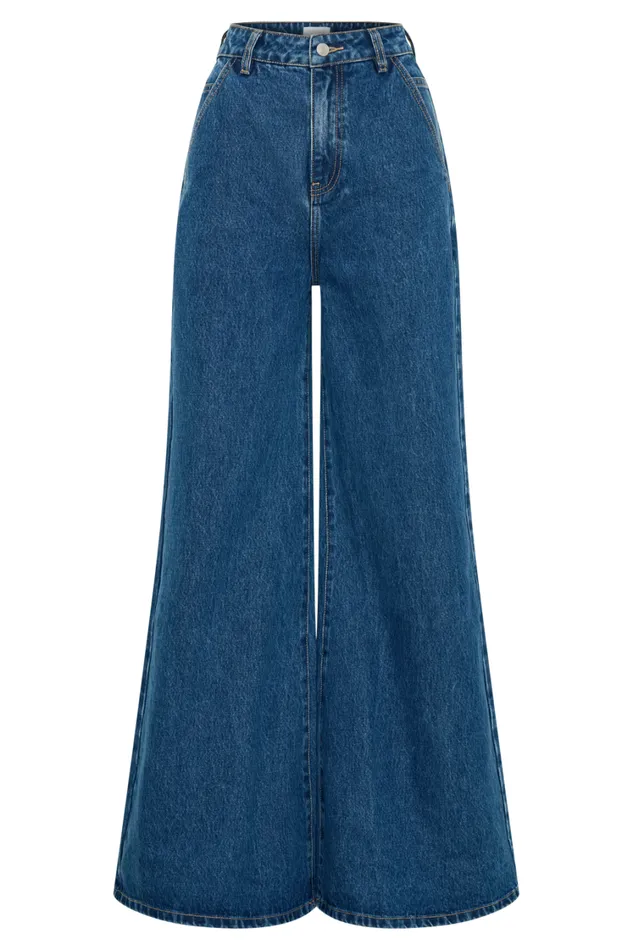 Women Meshki Bottoms Jen Wide Leg Flare Denim Jeans 8211 Dark Blue