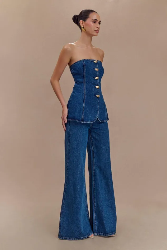 Women Meshki Bottoms Jen Wide Leg Flare Denim Jeans 8211 Dark Blue