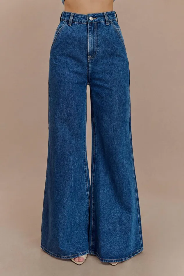 Women Meshki Bottoms Jen Wide Leg Flare Denim Jeans 8211 Dark Blue