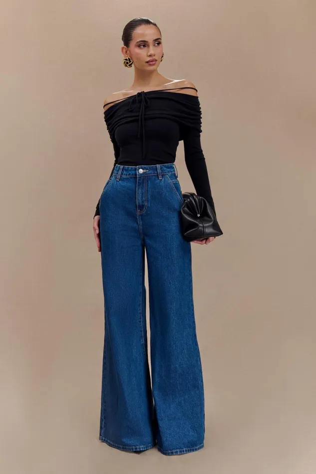 Women Meshki Bottoms Jen Wide Leg Flare Denim Jeans 8211 Dark Blue