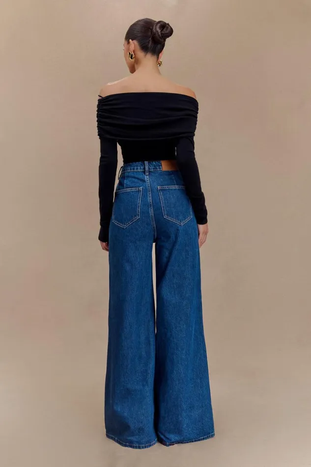 Women Meshki Bottoms Jen Wide Leg Flare Denim Jeans 8211 Dark Blue