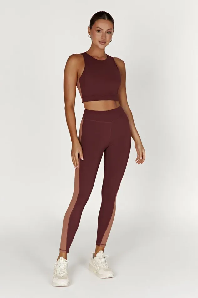 Women Meshki Bottoms Libby Two Tone Panel Leggings 8211 MahoganyTan