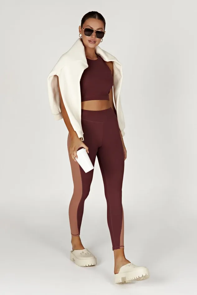 Women Meshki Bottoms Libby Two Tone Panel Leggings 8211 MahoganyTan