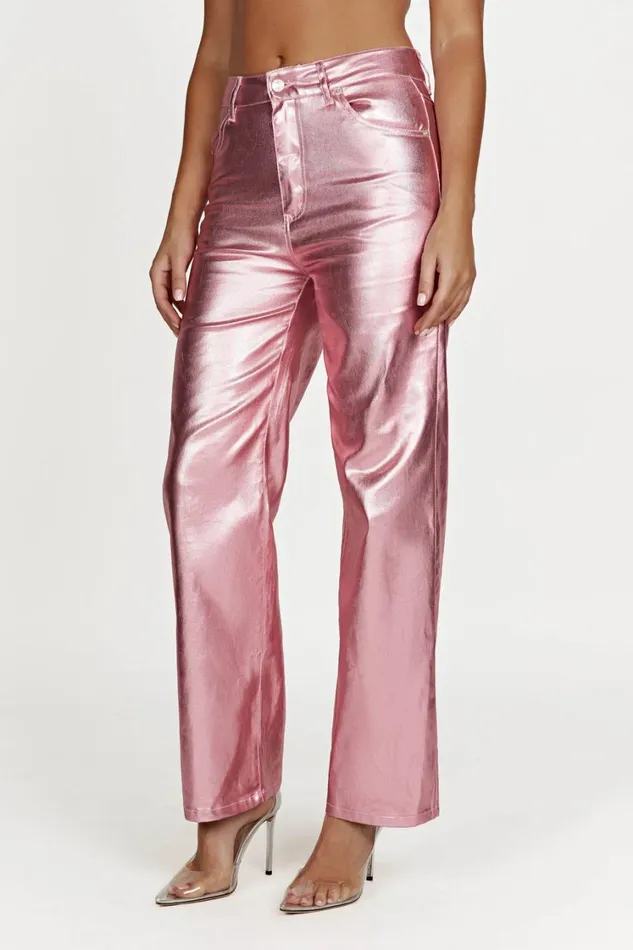 Women Meshki Bottoms Minnie Metallic Straight Jean 8211 Metallic Pink