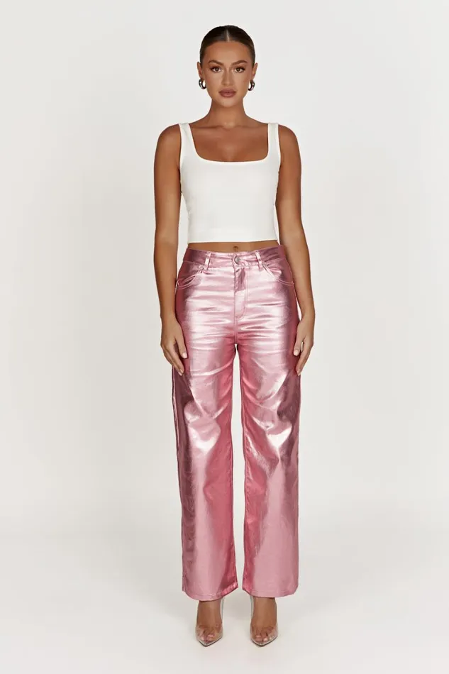 Women Meshki Bottoms Minnie Metallic Straight Jean 8211 Metallic Pink
