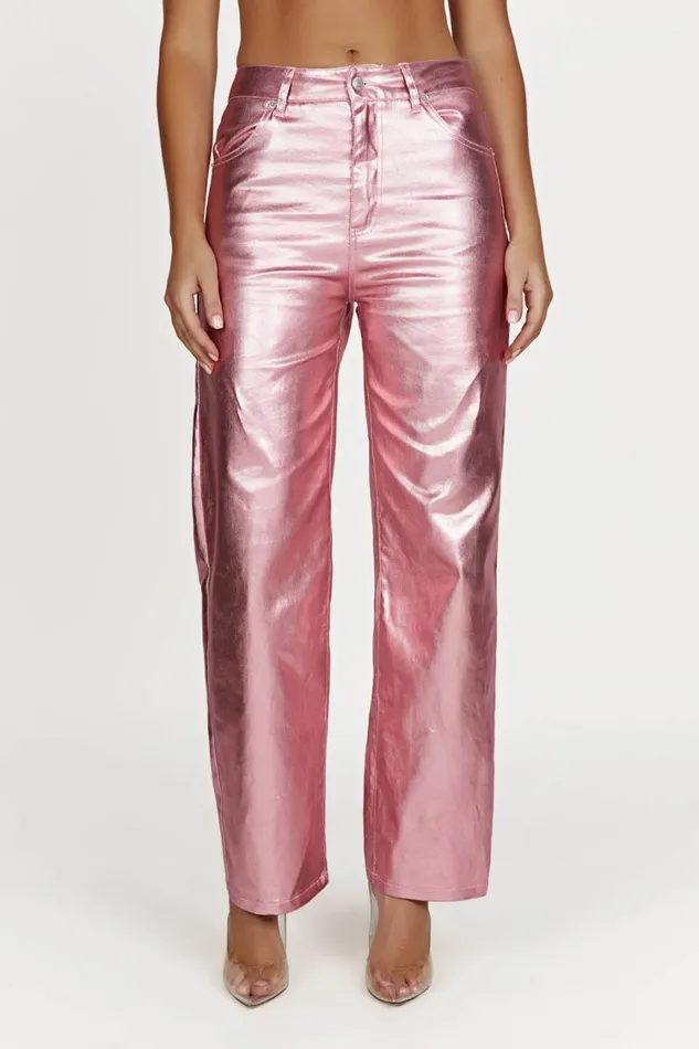 Women Meshki Bottoms Minnie Metallic Straight Jean 8211 Metallic Pink