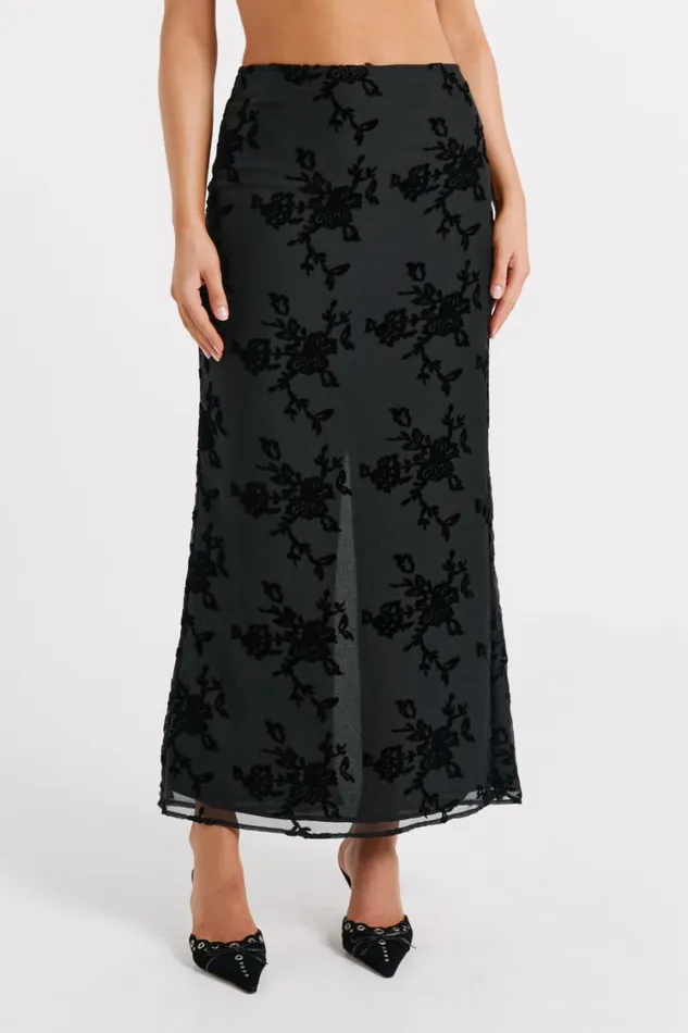 Women Meshki Bottoms Mona Burnout Velvet Maxi Skirt 8211 Black