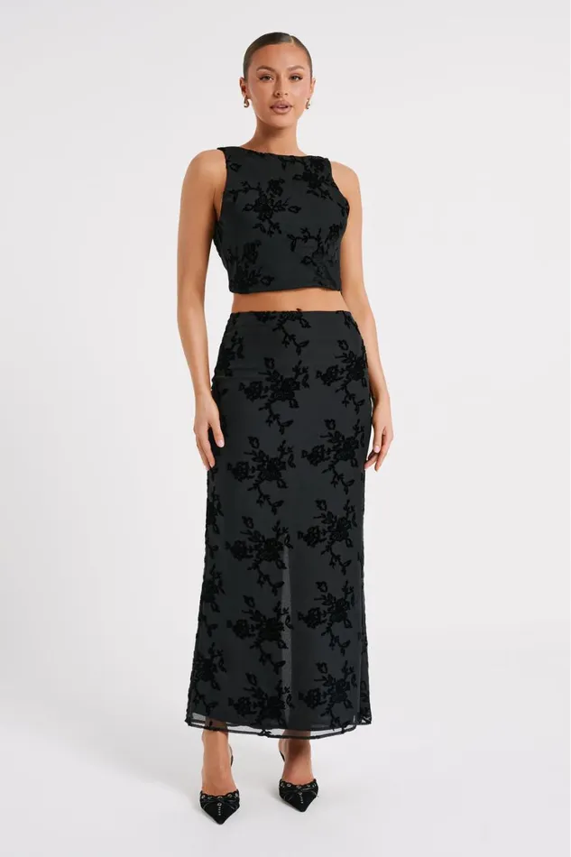 Women Meshki Bottoms Mona Burnout Velvet Maxi Skirt 8211 Black