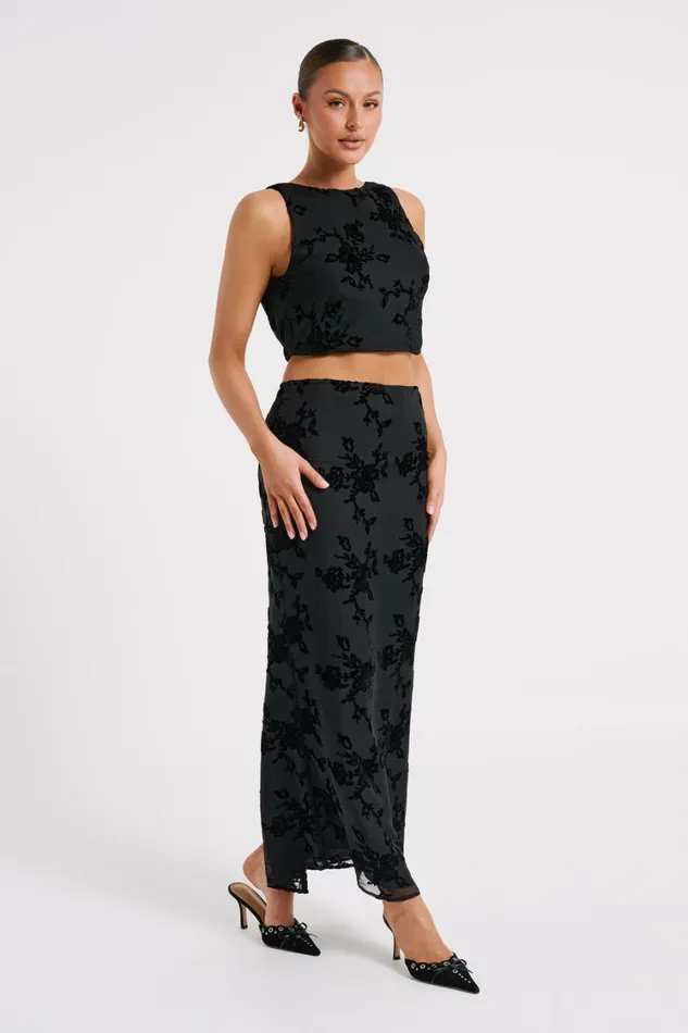 Women Meshki Bottoms Mona Burnout Velvet Maxi Skirt 8211 Black
