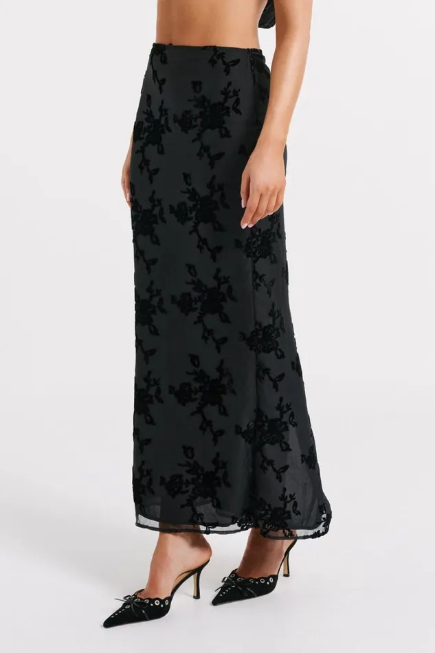 Women Meshki Bottoms Mona Burnout Velvet Maxi Skirt 8211 Black