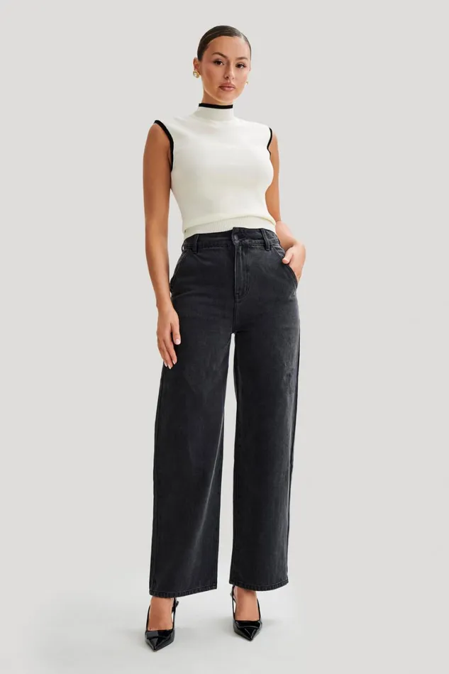 Women Meshki Bottoms Roxy Wide Leg High Waist Denim Jeans 8211 Washed Black