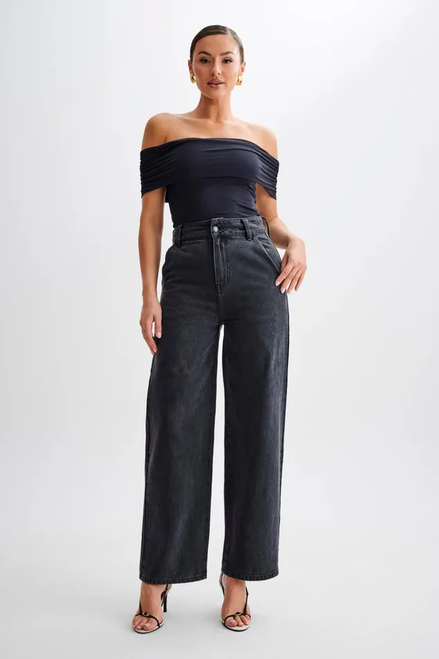 Women Meshki Bottoms Roxy Wide Leg High Waist Denim Jeans 8211 Washed Black