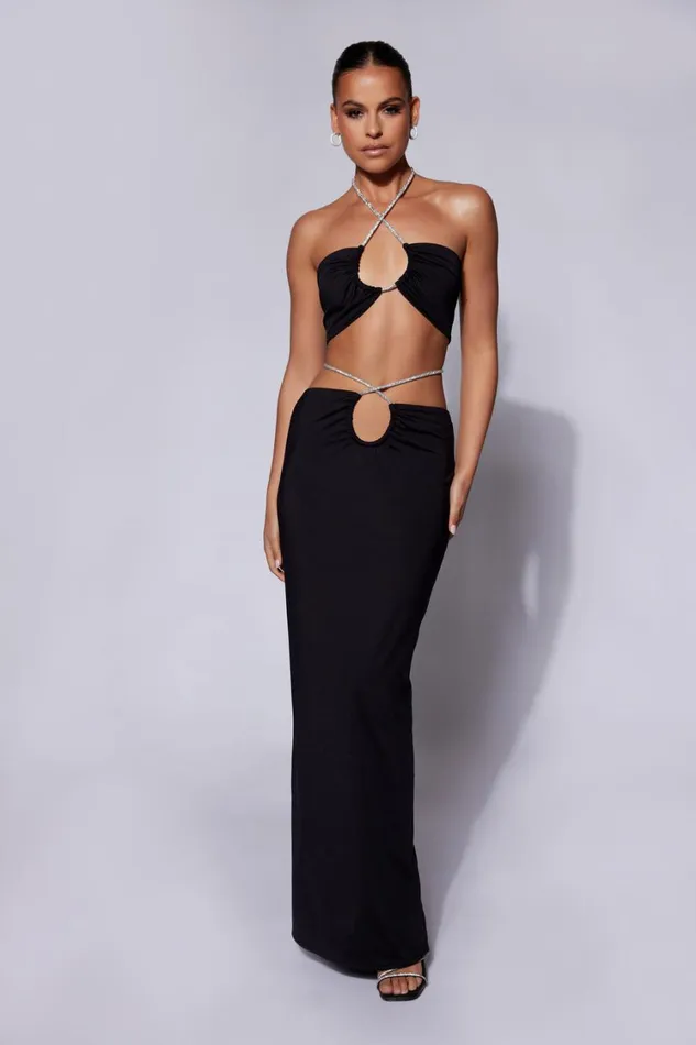 Women Meshki Bottoms Ruby Diamante Rope Ruched Maxi Skirt 8211 Black
