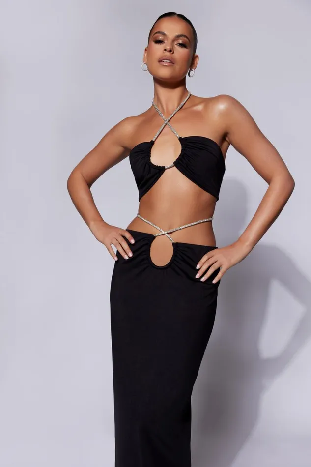 Women Meshki Bottoms Ruby Diamante Rope Ruched Maxi Skirt 8211 Black Women Meshki Bottoms Ruby Diamante Rope Ruched Maxi Skirt 8211 Black