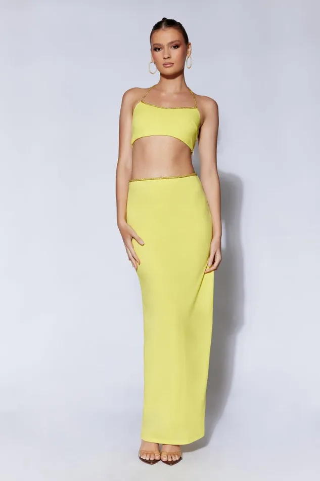 Women Meshki Bottoms Sweeney Diamante Maxi Skirt With Split 8211 Chartreuse