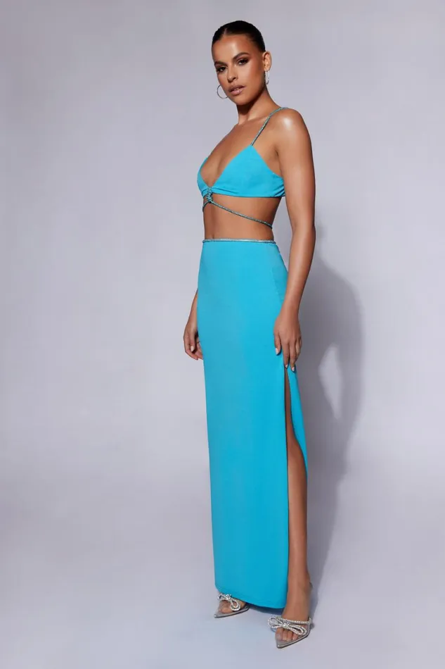 Women Meshki Bottoms Sweeney Diamante Maxi Skirt With Split 8211 Cyan Blue