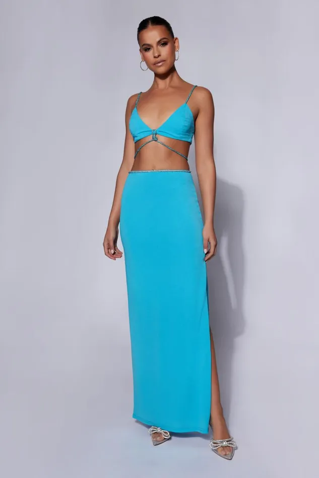 Women Meshki Bottoms Sweeney Diamante Maxi Skirt With Split 8211 Cyan Blue Women Meshki Bottoms Sweeney Diamante Maxi Skirt With Split 8211 Cyan Blue