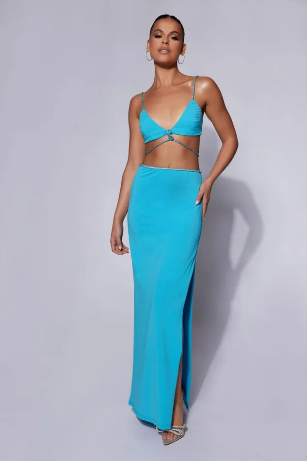 Women Meshki Bottoms Sweeney Diamante Maxi Skirt With Split 8211 Cyan Blue Women Meshki Bottoms Sweeney Diamante Maxi Skirt With Split 8211 Cyan Blue