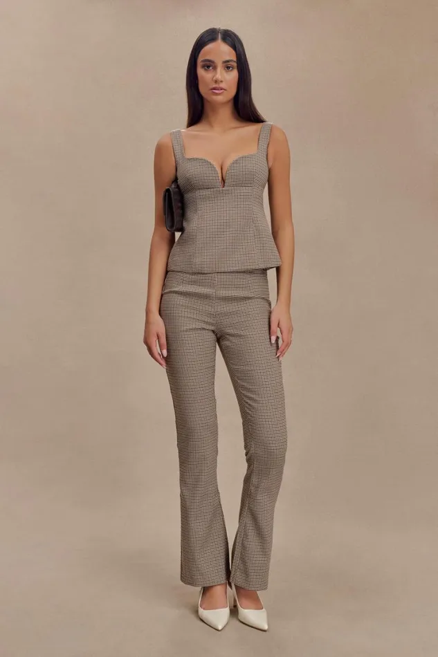 Women Meshki Bottoms Sweeney Mid Rise Buckle Straight Leg Pant 8211 Tan Check