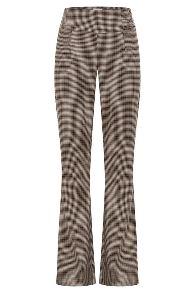 Women Meshki Bottoms Sweeney Mid Rise Buckle Straight Leg Pant 8211 Tan Check