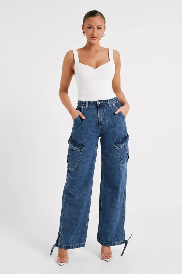 Women Meshki Bottoms Thelma Relaxed Denim Cargo Pants 8211 Dark Blue