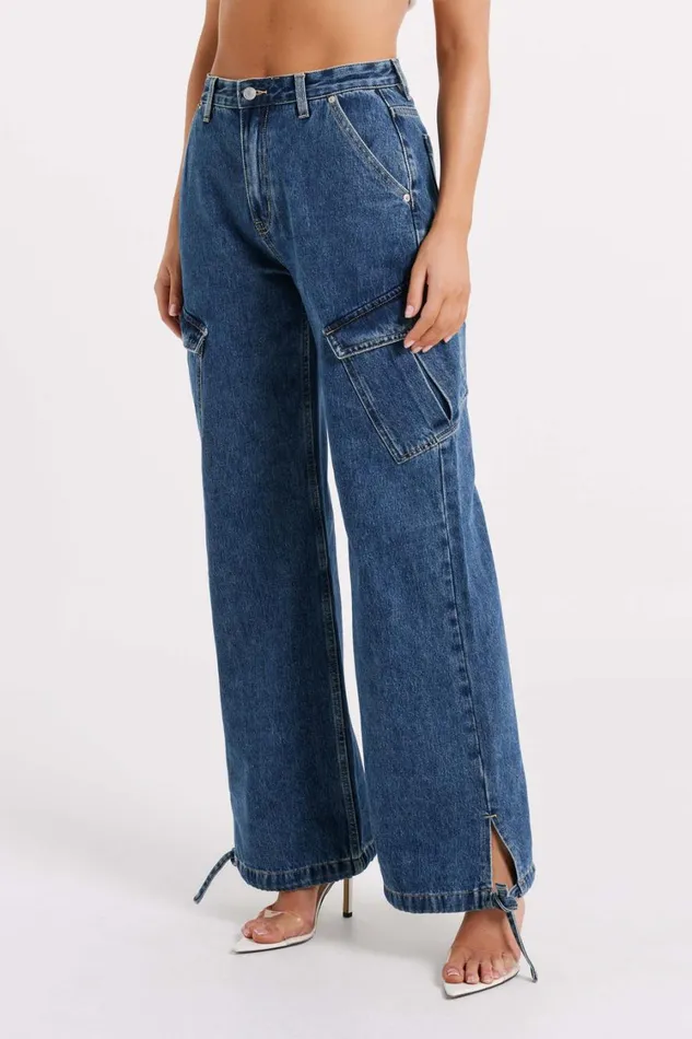 Women Meshki Bottoms Thelma Relaxed Denim Cargo Pants 8211 Dark Blue