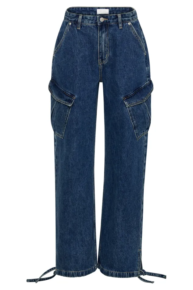 Women Meshki Bottoms Thelma Relaxed Denim Cargo Pants 8211 Dark Blue