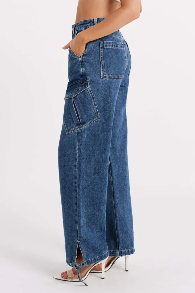 Women Meshki Bottoms Thelma Relaxed Denim Cargo Pants 8211 Dark Blue