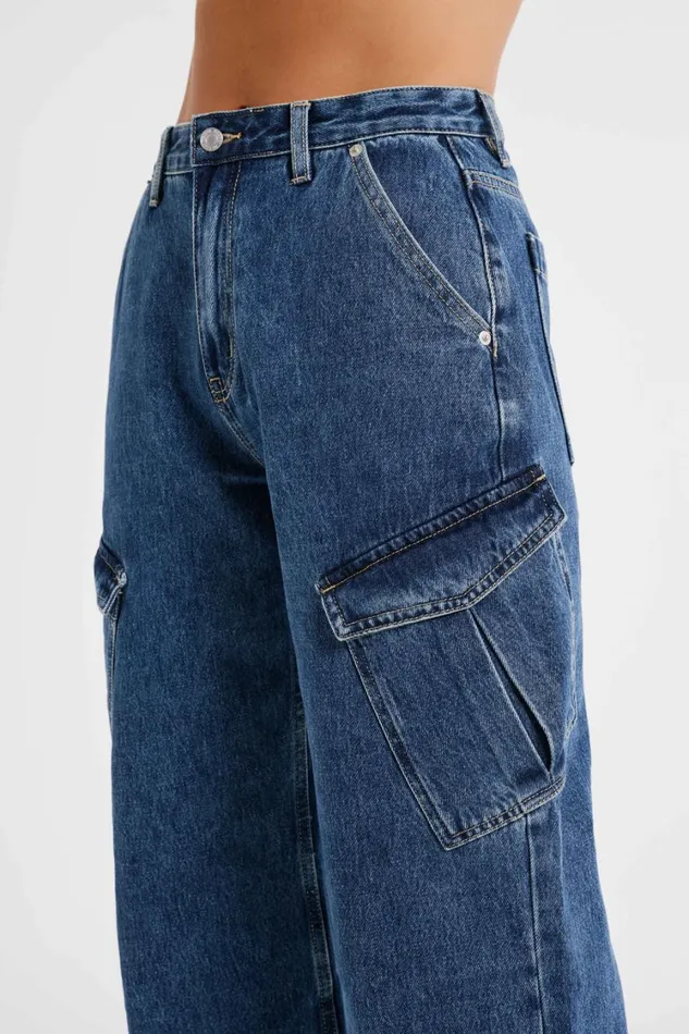 Women Meshki Bottoms Thelma Relaxed Denim Cargo Pants 8211 Dark Blue