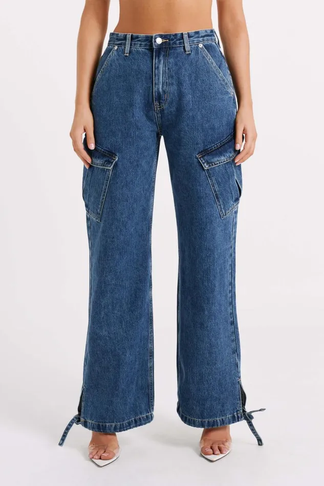 Women Meshki Bottoms Thelma Relaxed Denim Cargo Pants 8211 Dark Blue