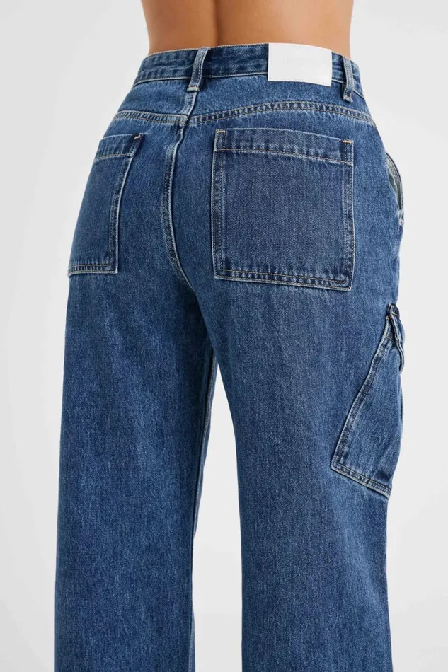 Women Meshki Bottoms Thelma Relaxed Denim Cargo Pants 8211 Dark Blue