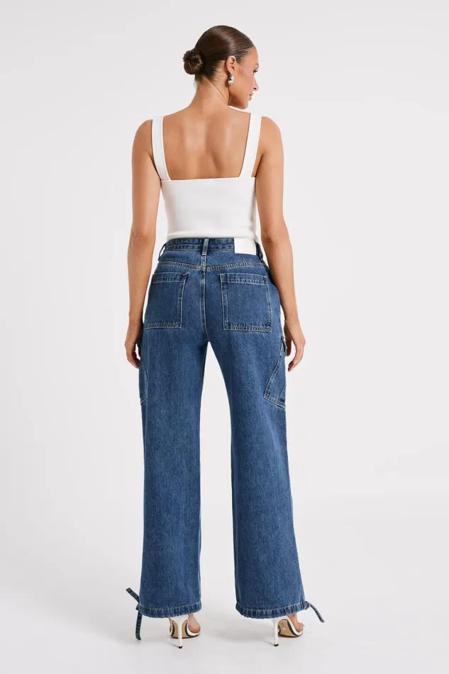 Women Meshki Bottoms Thelma Relaxed Denim Cargo Pants 8211 Dark Blue