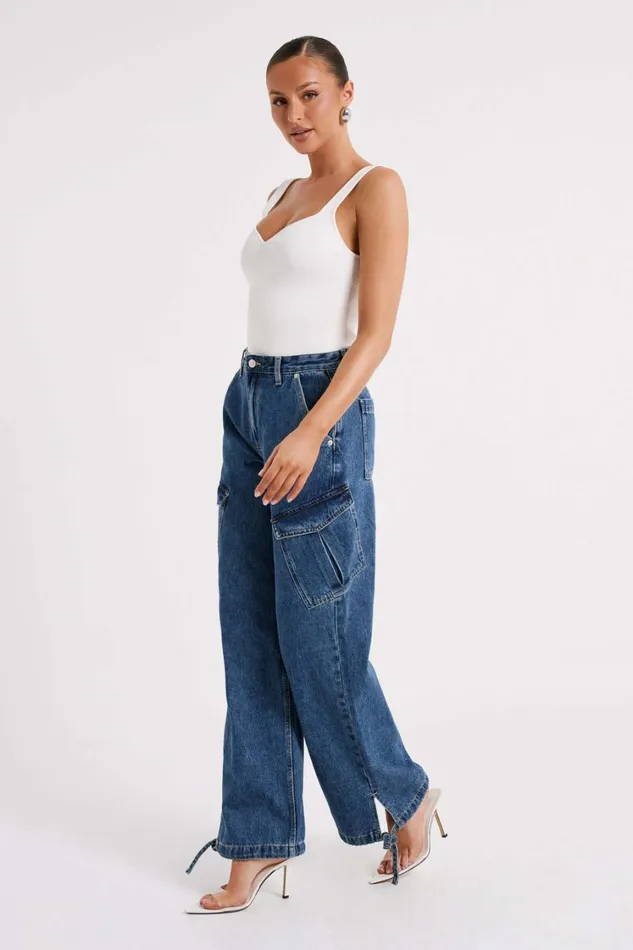 Women Meshki Bottoms Thelma Relaxed Denim Cargo Pants 8211 Dark Blue