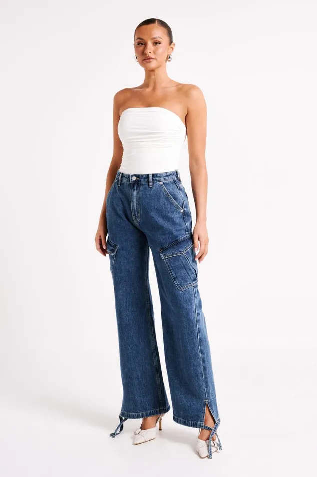 Women Meshki Bottoms Thelma Relaxed Denim Cargo Pants 8211 Dark Blue