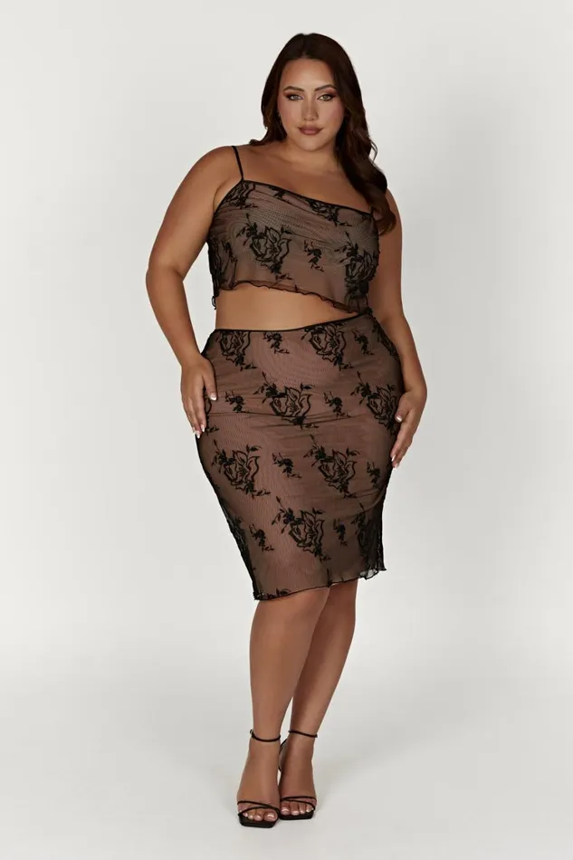 Women Meshki Bottoms Xena Embroidered Mesh Midi Skirt 8211 Black