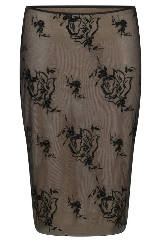 Women Meshki Bottoms Xena Embroidered Mesh Midi Skirt 8211 Black
