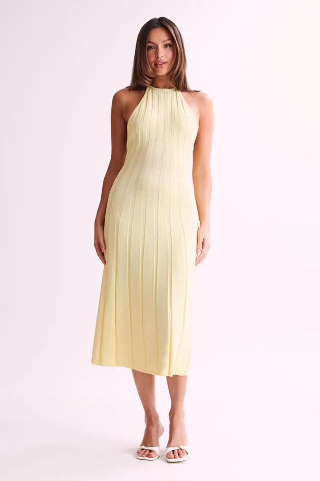 Women Meshki Dresses Adrienne Halter Neck Midi Dress 8211 Lemon