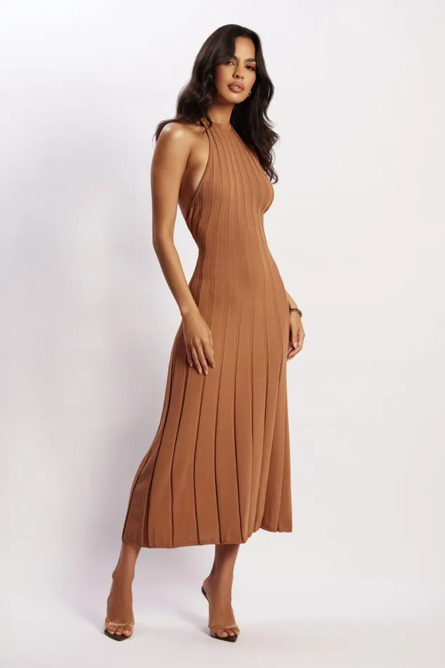 Women Meshki Dresses Adrienne Halter Neck Midi Dress 8211 Tan