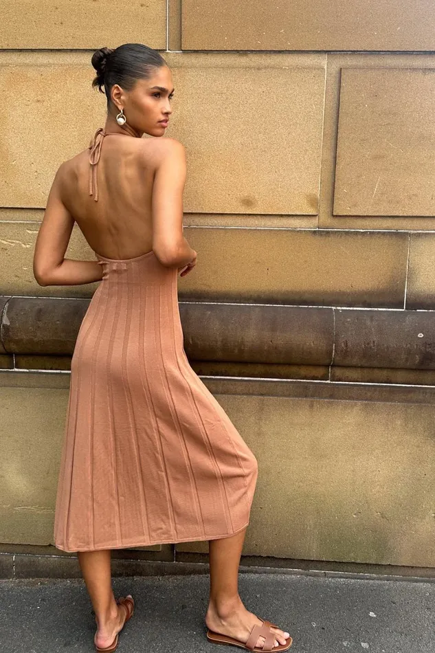 Women Meshki Dresses Adrienne Halter Neck Midi Dress 8211 Tan Women Meshki Dresses Adrienne Halter Neck Midi Dress 8211 Tan