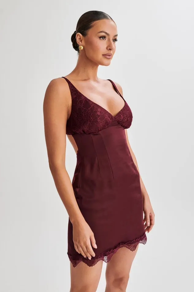 Women Meshki Dresses Alondra Satin Mini Dress With Lace 8211 Plum
