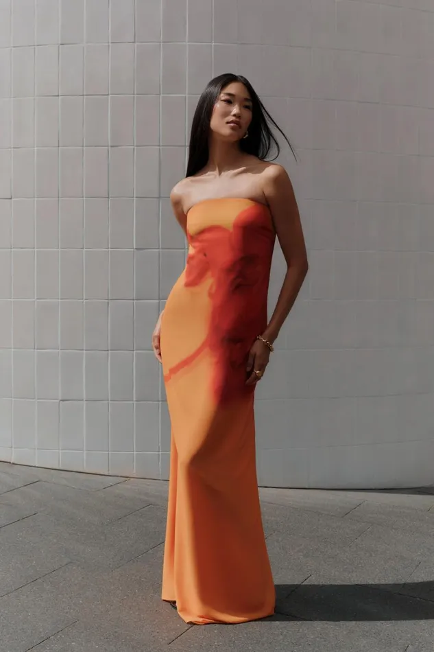 Women Meshki Dresses Amaya Strapless Chiffon Maxi Dress 8211 Koi Orchid Print Women Meshki Dresses Amaya Strapless Chiffon Maxi Dress 8211 Koi Orchid Print