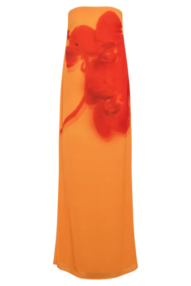 Women Meshki Dresses Amaya Strapless Chiffon Maxi Dress 8211 Koi Orchid Print