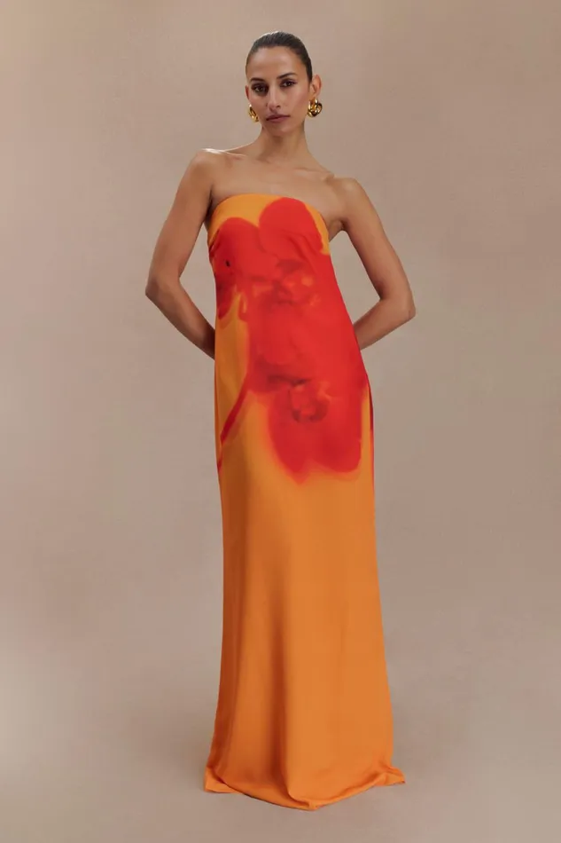 Women Meshki Dresses Amaya Strapless Chiffon Maxi Dress 8211 Koi Orchid Print