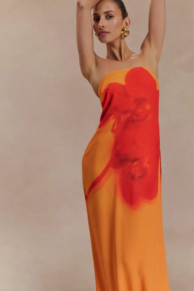 Women Meshki Dresses Amaya Strapless Chiffon Maxi Dress 8211 Koi Orchid Print