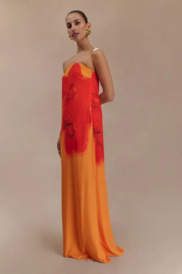 Women Meshki Dresses Amaya Strapless Chiffon Maxi Dress 8211 Koi Orchid Print