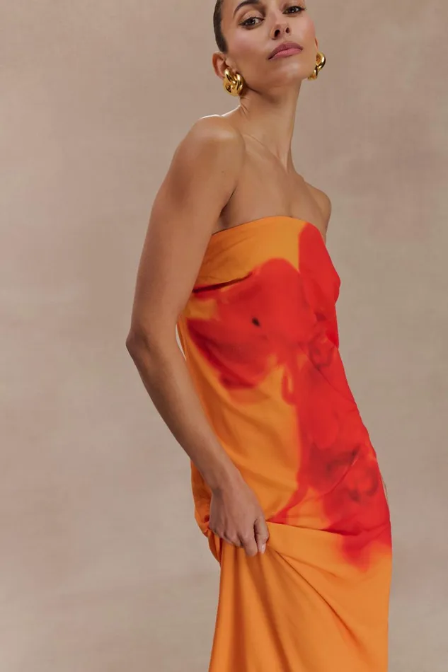 Women Meshki Dresses Amaya Strapless Chiffon Maxi Dress 8211 Koi Orchid Print