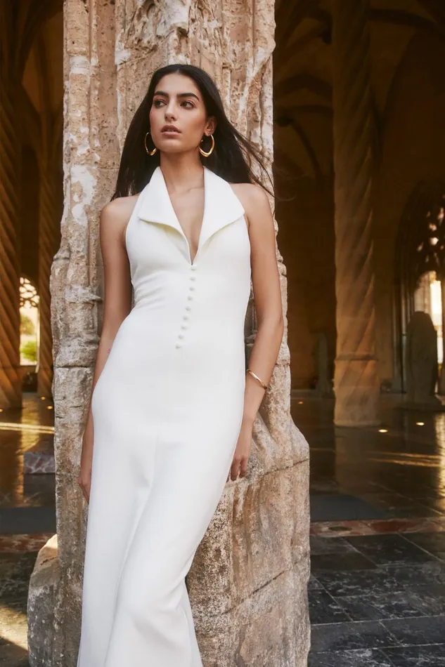 Women Meshki Dresses Annita Crepe Halter Midi Dress 8211 Ivory