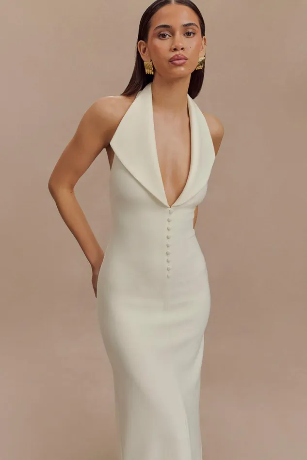 Women Meshki Dresses Annita Crepe Halter Midi Dress 8211 Ivory