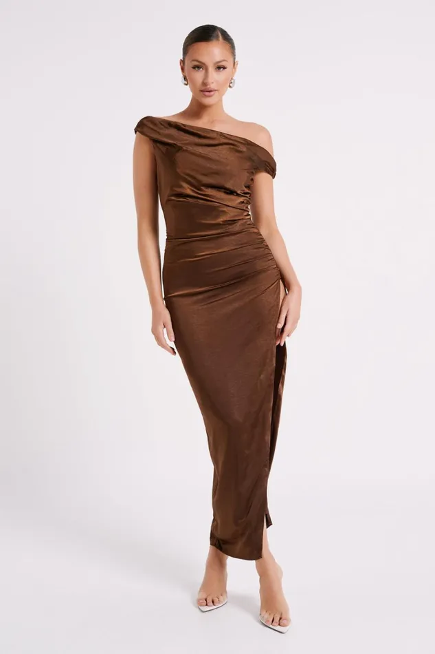 Women Meshki Dresses Arianne Draped Satin Maxi Dress 8211 Dark Chocolate