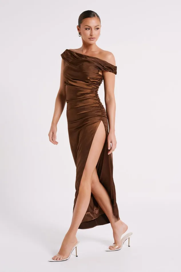 Women Meshki Dresses Arianne Draped Satin Maxi Dress 8211 Dark Chocolate